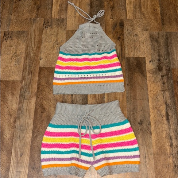 unknown Pants - 2 Piece Crochet Halter & Shorts Outfit Candy Color Stripes Small/Medium Juniors